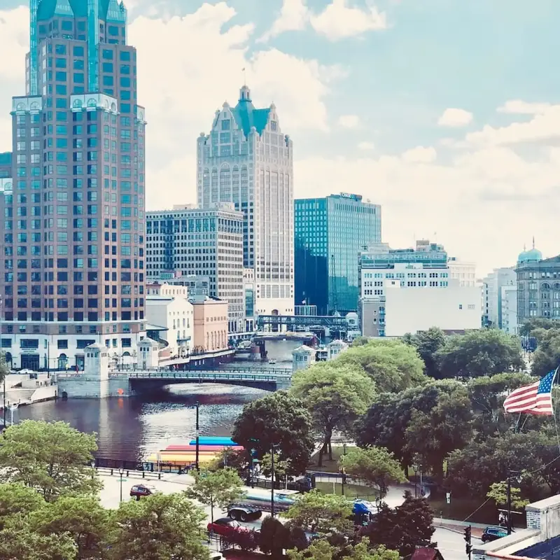 The downtown Milwaukee skyline and the river on a clear day