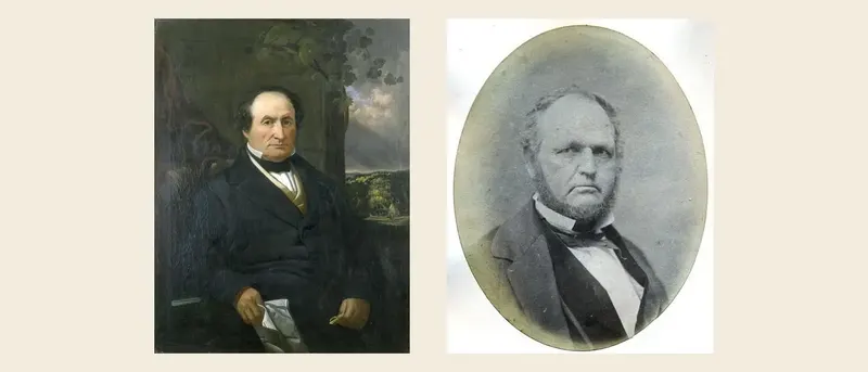 Side by side portraits of Solomon Juneau, an oil painting, and Byron Kilbourn, an oval photograph