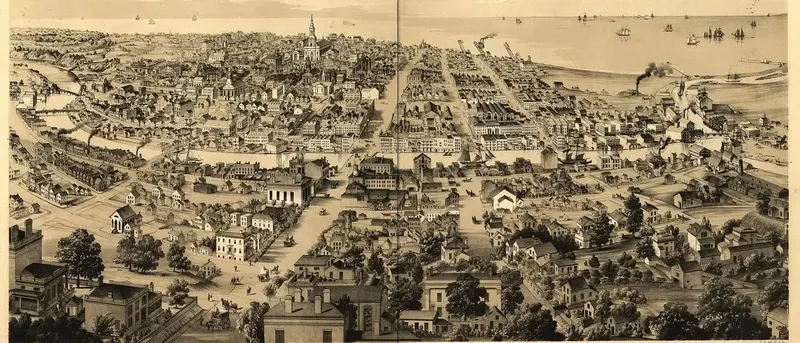 Lithograph bird's-eye view of Milwaukee in 1854 showing church spires, the river with sailing ships and the lake beyond