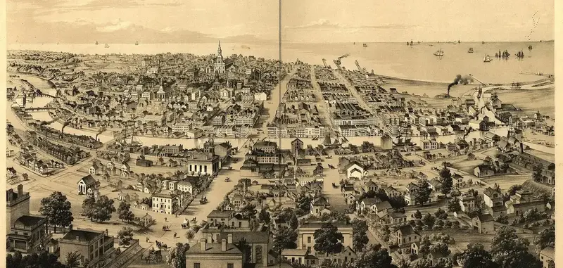 A bird's-eye lithograph of Milwaukee in 1854 with rows of houses and streets running toward Lake Michigan
